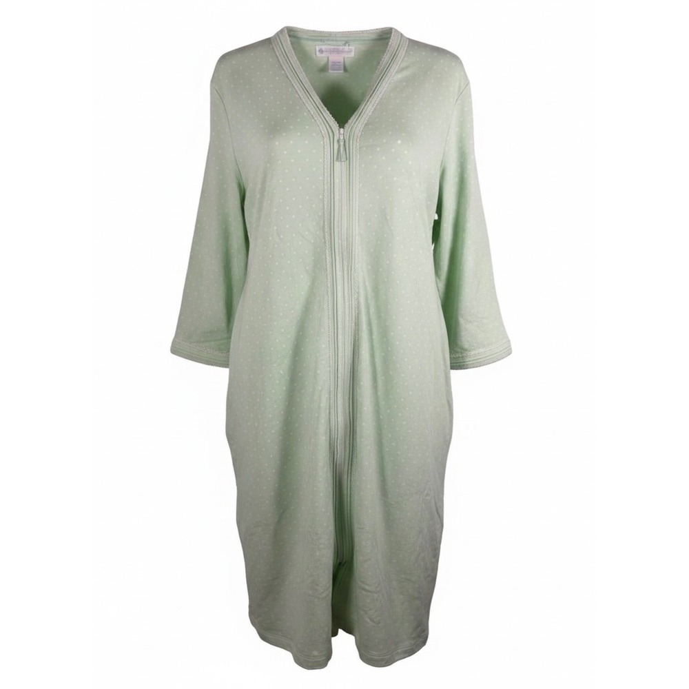 NWT Eileen West Nightgown Robe Mint Green Polka Dot Sz M Zip Cotton Lace Cottage